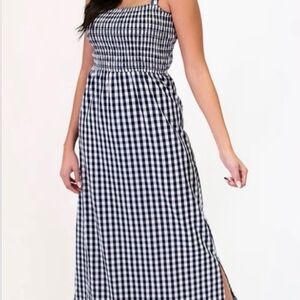 Elegant Blue and White Checkered Maxi Dress